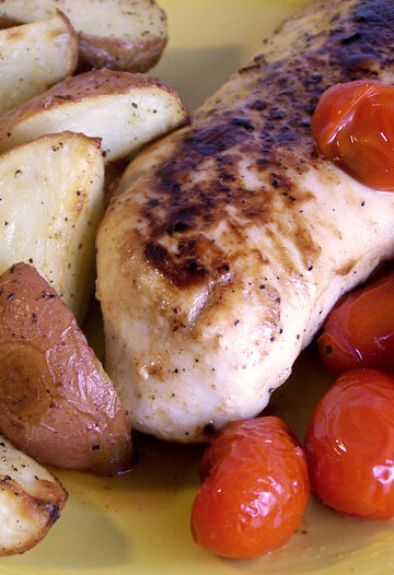 Balsamic Chicken with Roasted Tomatoes and Garlic-Roasted Potatoes