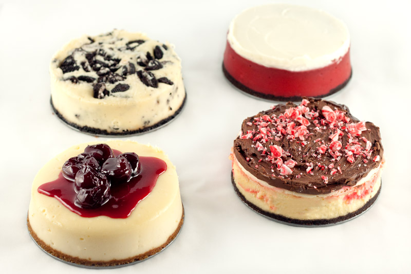 Peppermint Bark Cheesecake, Oreo Cheesecake, and Red Velvet Cheesecake